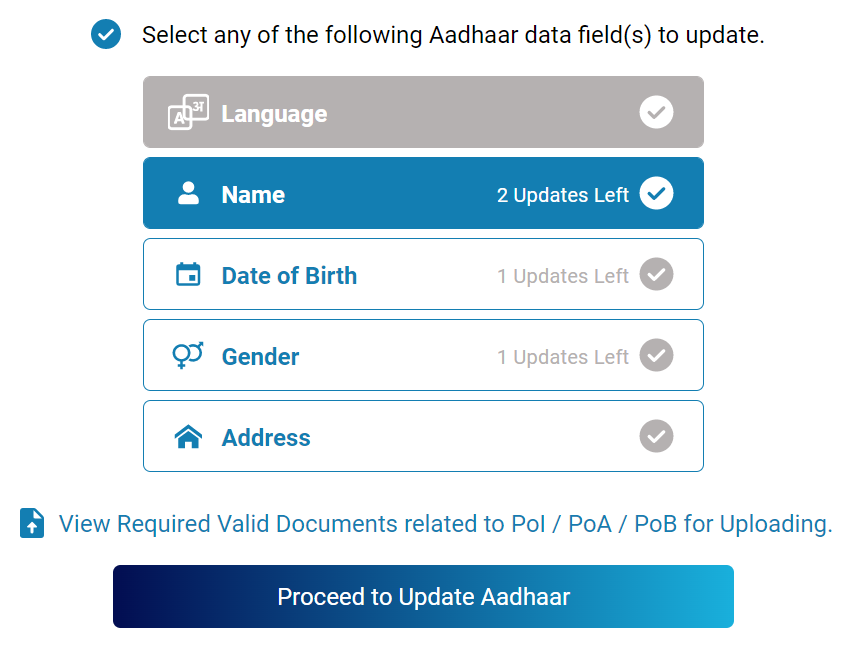 Name change / correction in AADHAAR online; select option.